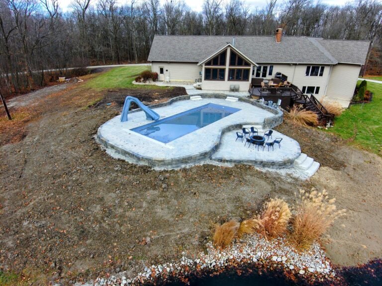 Stamped concrete pool deck under construction near Fort Wayne, Indiana.