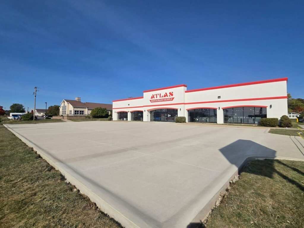 Commercial concrete parking lot at Atlas Restaurant Supply in Warsaw, Indiana.