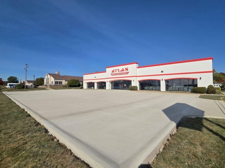 Commercial concrete parking lot at Atlas Restaurant Supply in Warsaw, Indiana.