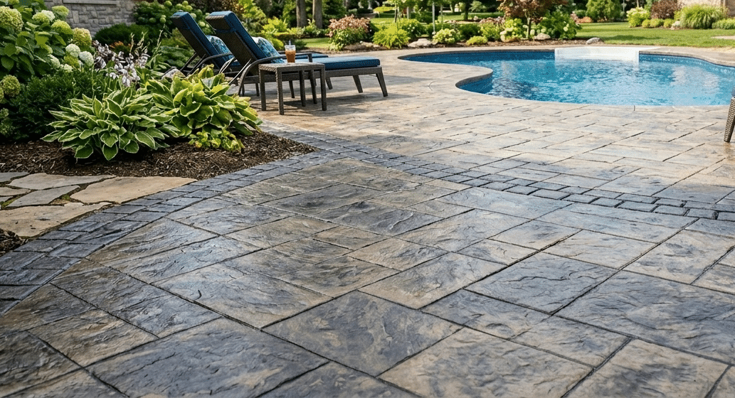 Stamped concrete in Columbia City, Stone fire pit built with stacked bricks, set on a stamped concrete patio with matching stone walls surrounding the space. The background shows bare trees against a clear blue sky, suggesting a crisp outdoor setting. Stamped concrete in Roanoke.