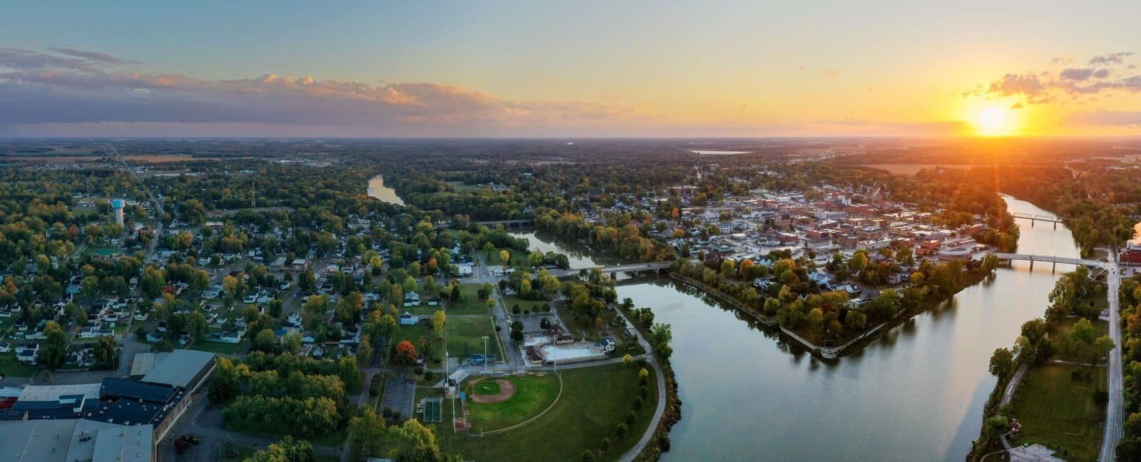 Aerial view of Defiance, Ohio, and its rivers at sunset