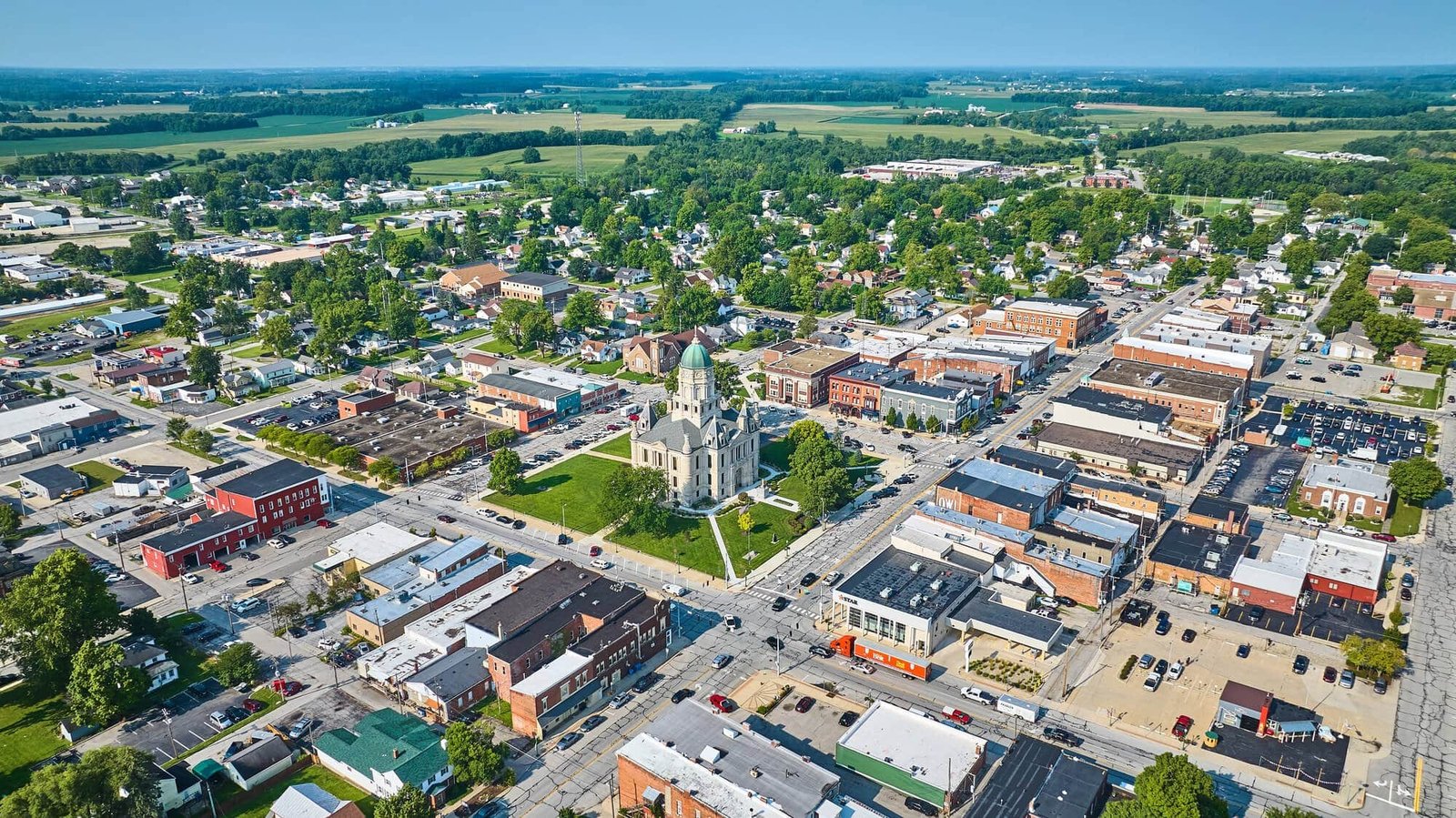 Aerial view of downtown Columbia City, Indiana, with the Whitley County Courthouse